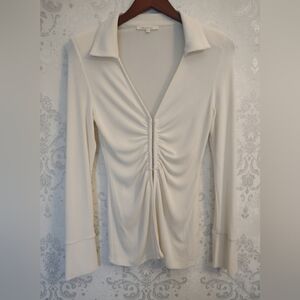 Et Clet Cream/Ivory Ruched Hook-Eye Long Sleeve Collared Top Blouse Sz S
